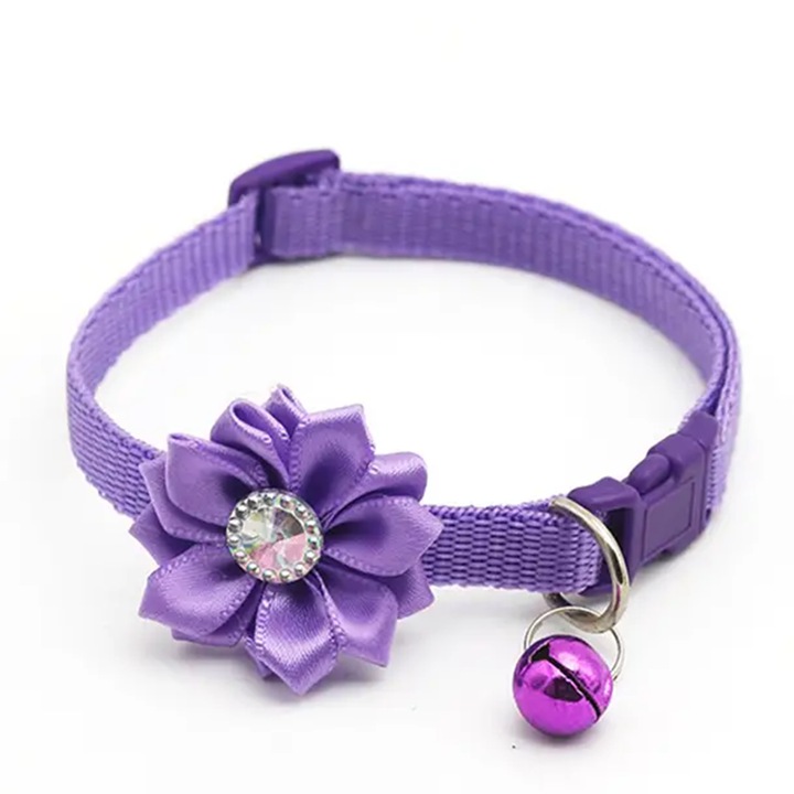 Zgarda ajustabila cu floare, pentru caini si pisici, 22-33cm/10mm, Mov, Ropet