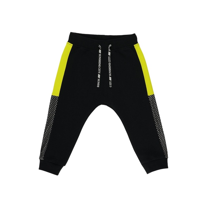 Sárga csíkos sportnadrág PANCO - City Boys részekben, fekete és foszforeszkáló sárga, fiúknak, Fekete