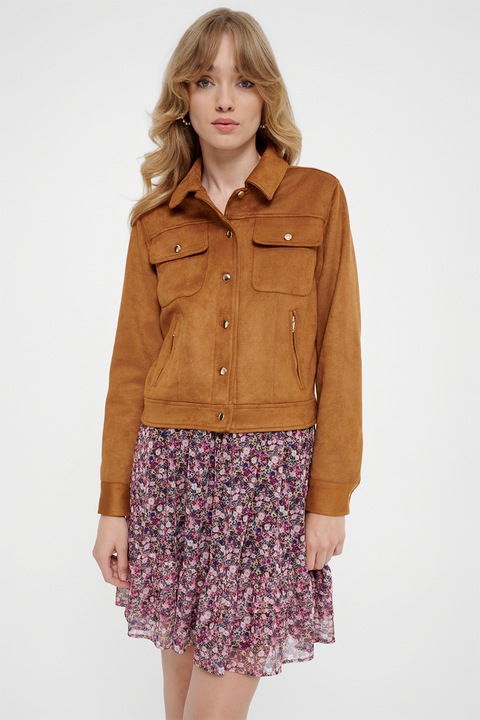 GreenPoint, Jacheta din piele intoarsa sintetica cu buzunare cu fermoar, Caramel