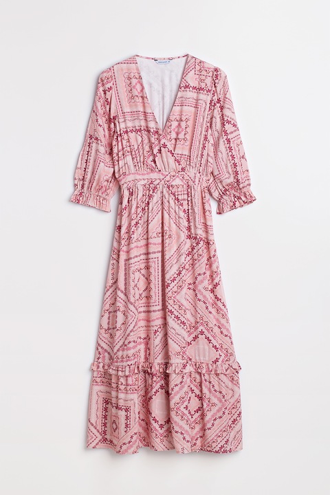 GreenPoint, Rochie cu model si decolteu in V, Rosu/Roz, 34