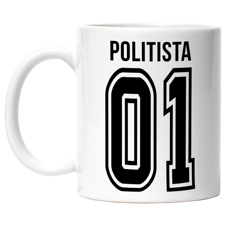 Cana Cu Textul politista, si Numarul 01, Cel Mai Bun, Apreciere, Personalizat, 330ml, Ceramic cu Maner Alb