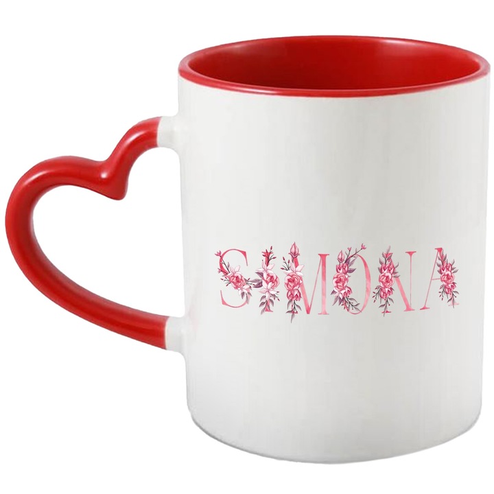 Cana Cu Numele Simona, Floral, Colorat, Creativ, Frumos, Unicat, 330ml, Ceramica cu Maner Inima Rosie