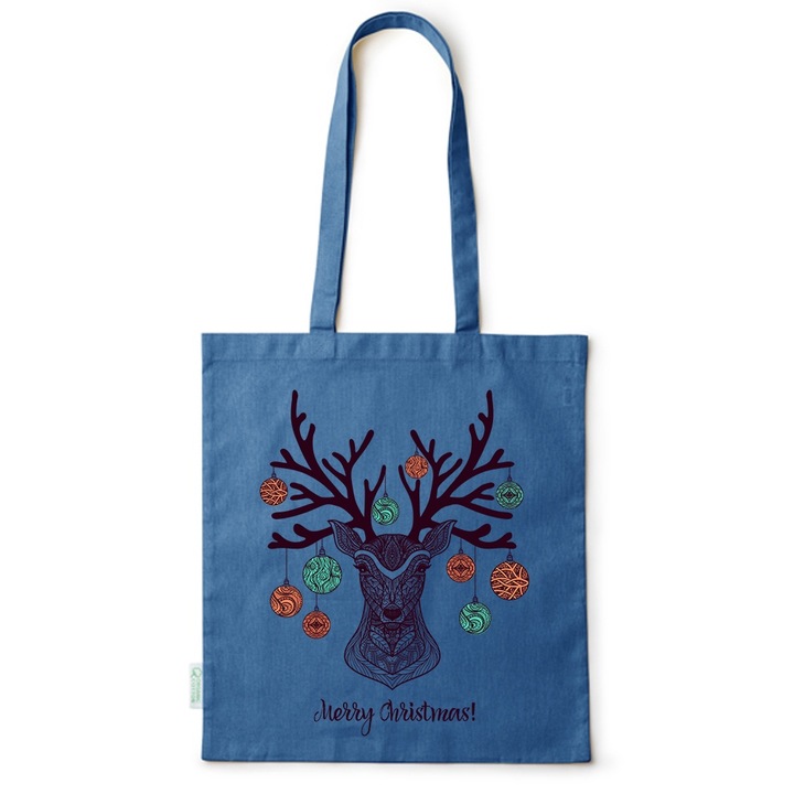 Eco-barat pamut taska Merry Christmas, Kék, 38 x 42 cm