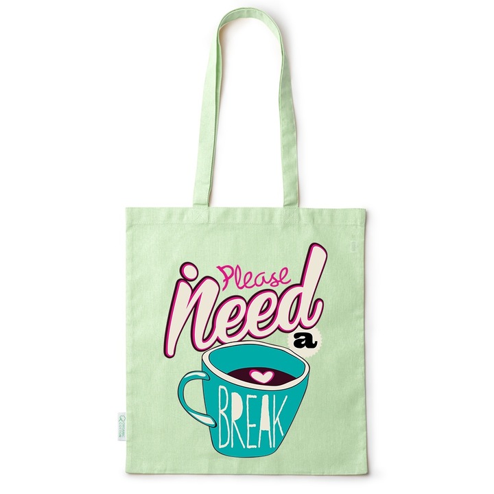 Go For It Shopper fazonú pamut táska mintával, Coffee Break, 38×42cm, Zöld, GR-BDY236