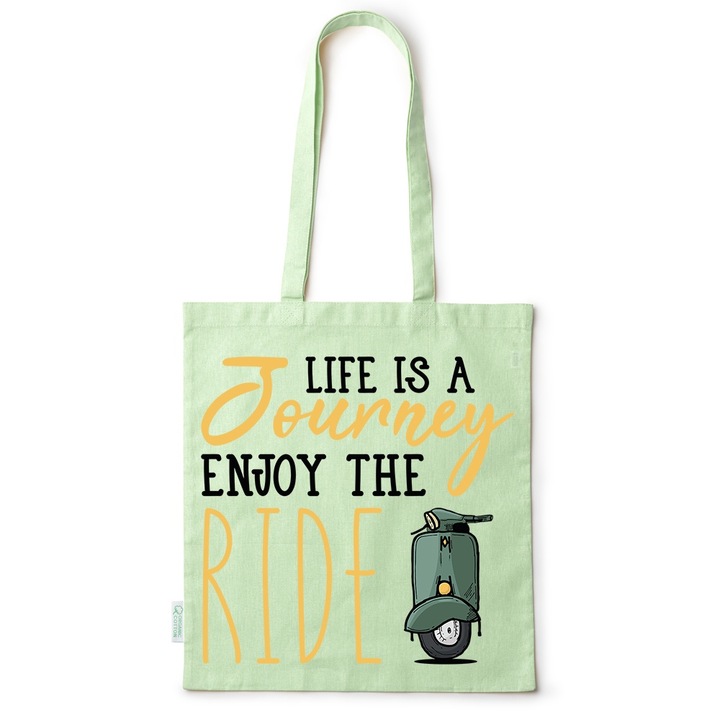Go For It Shopper fazonú pamut táska mintával, Life is a Journey, 38×42cm, Zöld, GR-BDY244