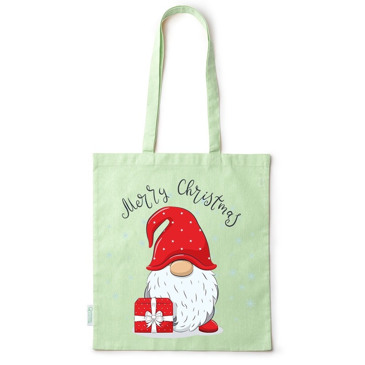 Go For It Shopper fazonú pamut táska mintával, Christmas Dwarf, 38×42cm, Zöld, GR-BDY263