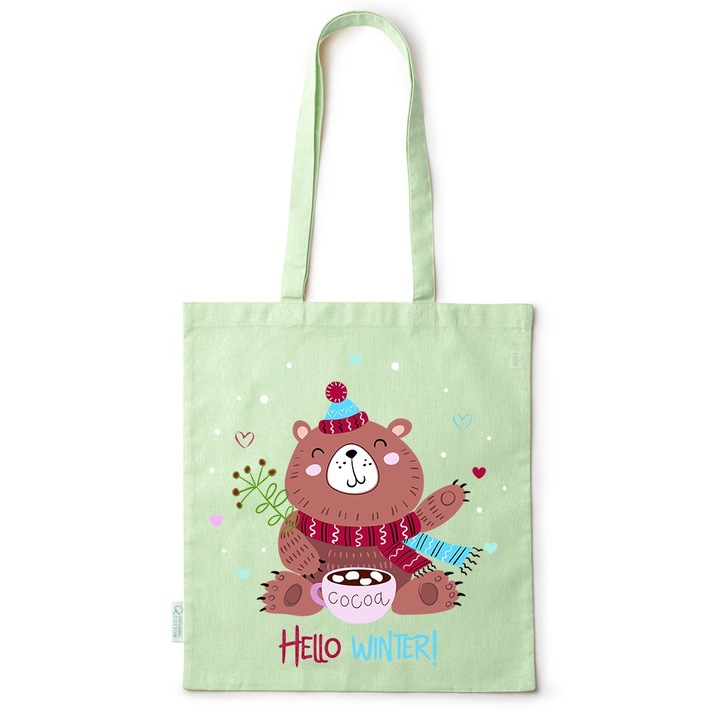 Go For It Shopper fazonú pamut táska mintával, Winter Bear, 38×42cm, Zöld, GR-BDY267