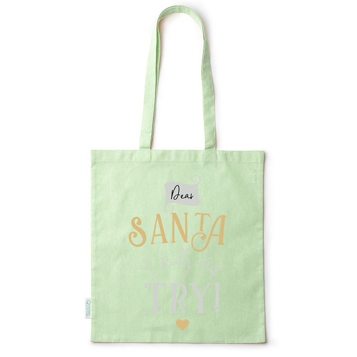 Go For It Shopper fazonú pamut táska mintával, Dear Santa, 38×42cm, Zöld, GR-BDY273