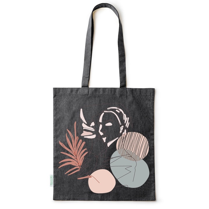 Go For It Shopper fazonú pamut táska mintával, Woman Lineart Abstract, 38×42cm, Fekete, B-BDY19