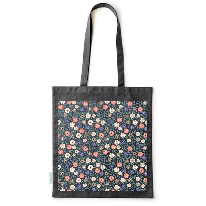 Intelli® Екологична памучна пазарска чанта Sacosa с дълги дръжки, колекция Flowers, десен Flowers, 38x42 см, черна, B-BDY63