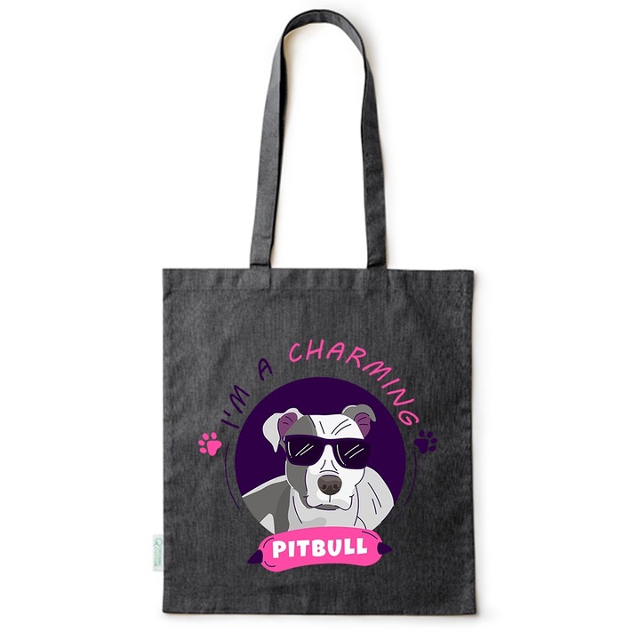 Go For It Shopper fazonú pamut táska mintával, Pitbull, 38×42cm, Fekete, B-BDY74