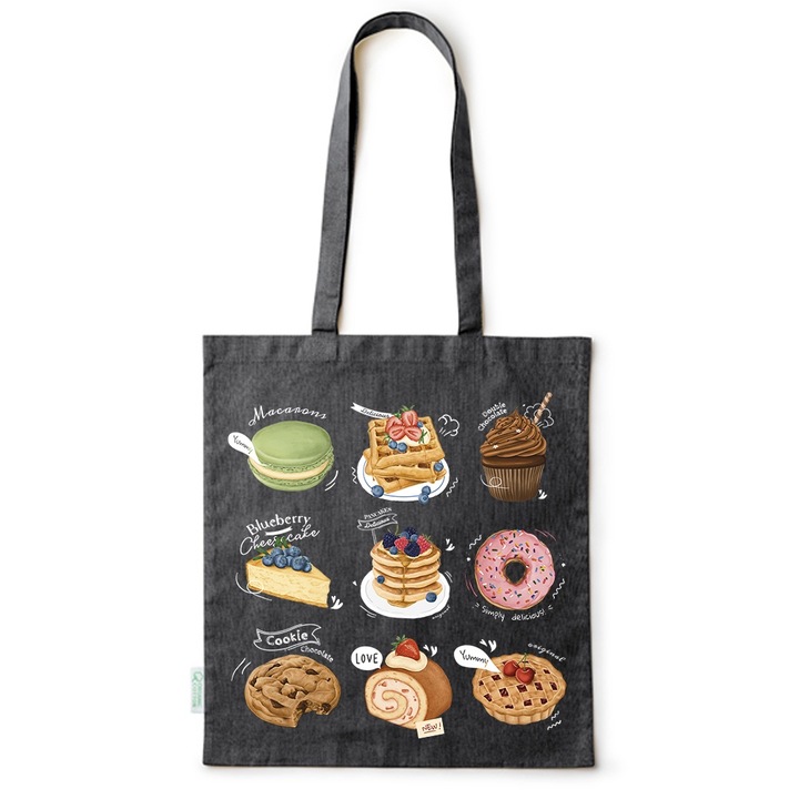 Go For It Shopper fazonú pamut táska mintával, Sweets, 38×42cm, Fekete, B-BDY105