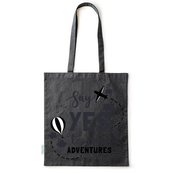 Go For It Shopper fazonú pamut táska mintával, Yes to Adventure, 38×42cm, Fekete, B-BDY108
