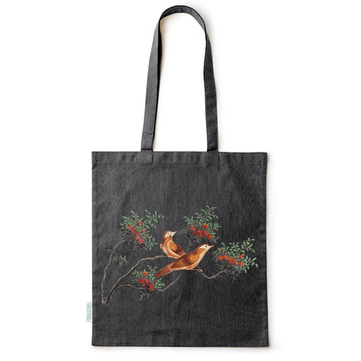 Go For It Shopper fazonú pamut táska mintával, Birds on a branch, 38×42cm, Fekete, B-BDY134