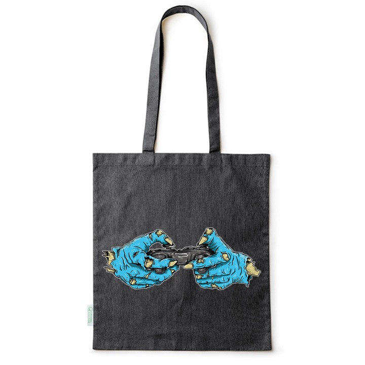 Go For It Shopper fazonú pamut táska mintával, Gaming, 38×42cm, Fekete, B-BDY220