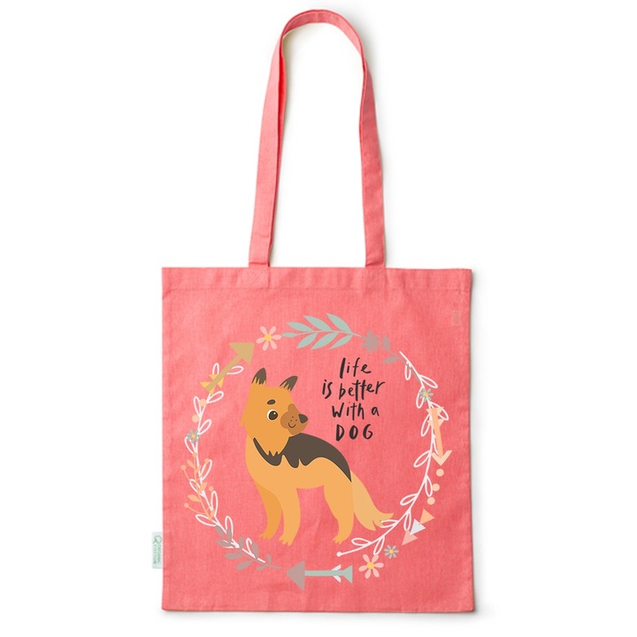 Go For It Shopper fazonú pamut táska mintával, Life Is Better With A Dog, 38×42cm, Piros, R-BDY80