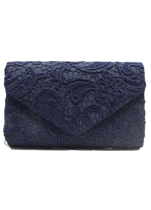 Portofel dama, dantela florala, inchidere magnetica, poliuretan, albastru inchis, 22x13x5 cm
