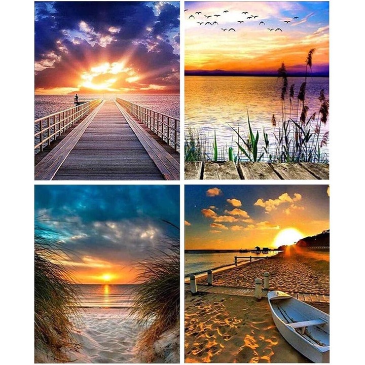 Set pictura cu diamante, apus de soare, 30x40cm, 4 piese
