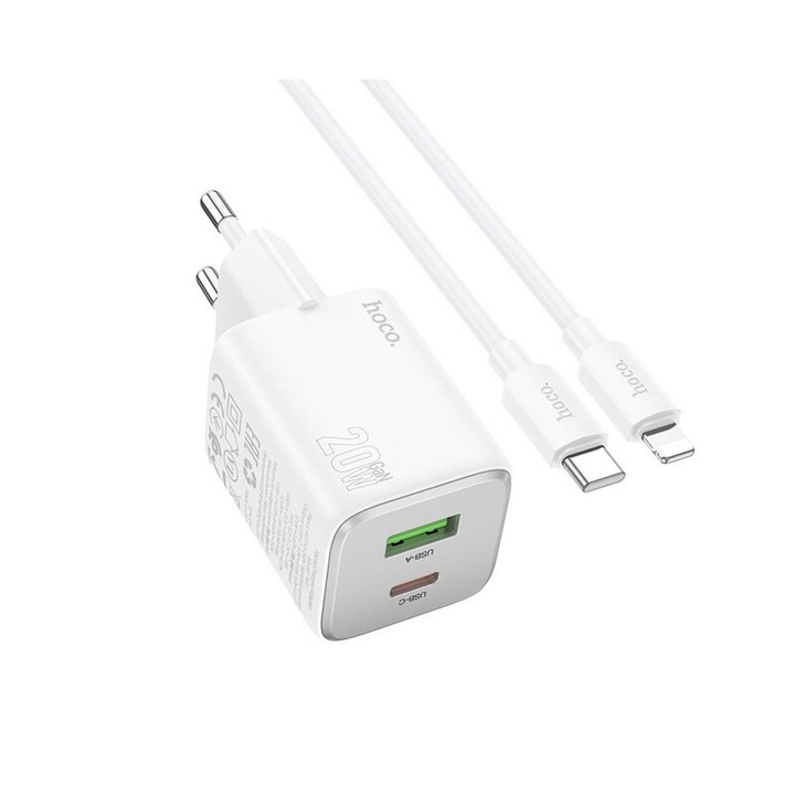 Pachet Incarcator Hoco Dual Fast Charger Putere 20W, 1 x USB, 1 x UsbC, Cablu UsbC La Lightning Inclus, Alb, N41