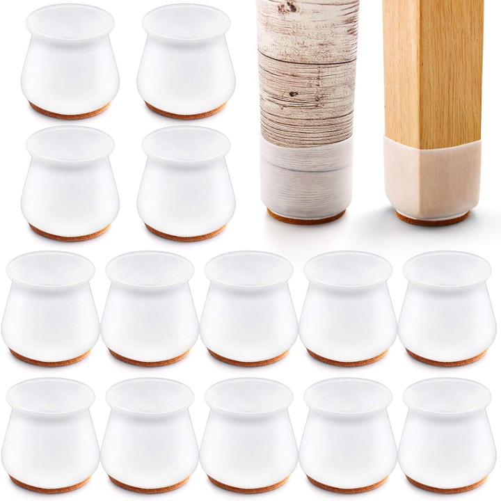 Set 24 bucati protectii pentru picioare scaun, silicon cu baza de fetru, negru si transparent, 30x40cm