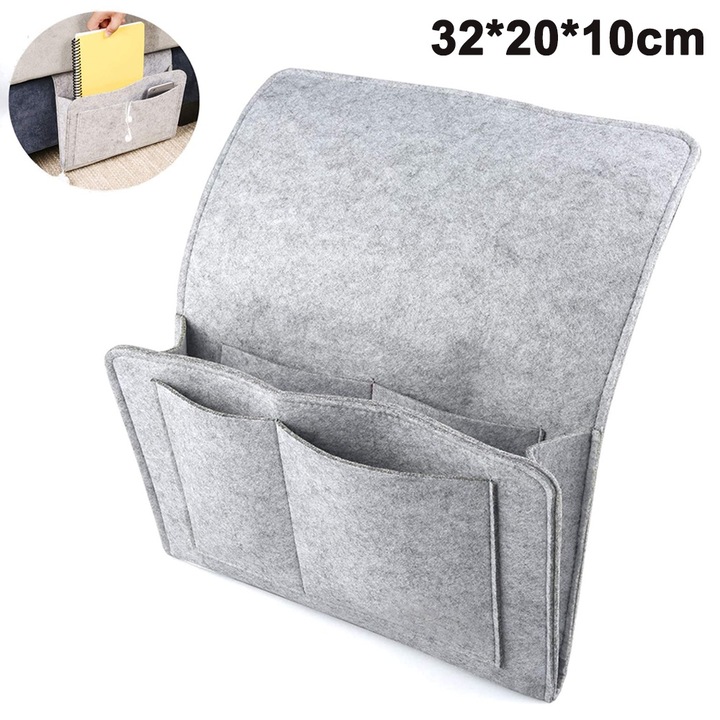 Organizator de noapte din fetru AMRINUGL, 5 buzunare, gri inchis, dimensiuni mari 32x20x10cm