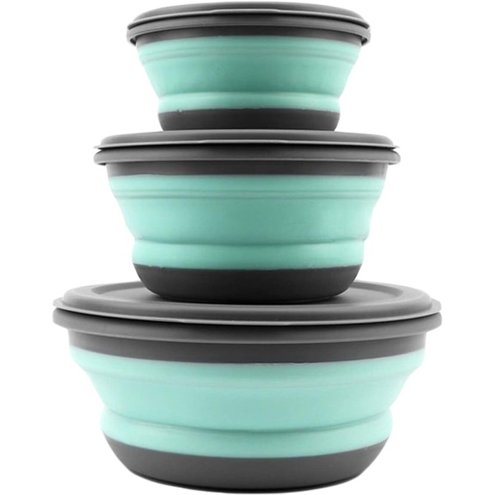 Set 3 boluri pliabile din silicon cu capac, AMRINUGL, 300ml, 600ml, 1000ml, verde/gri