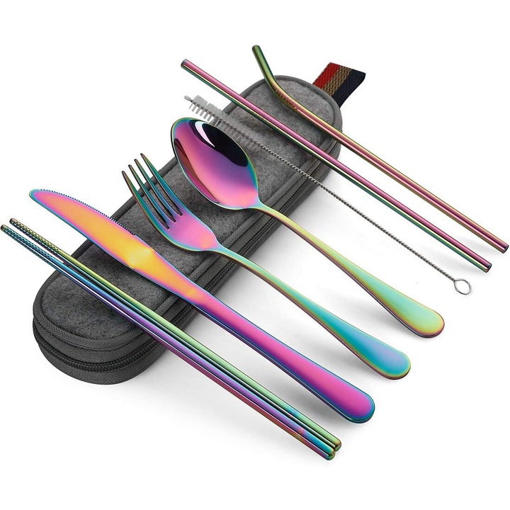 Hordozható edénykészlet, utazó kemping evőeszköz készlet, 8 részes, beleértve kést, villát, kanalat, evőpálcikát, tisztítókefét, szívószálat, hordozható tokot, rozsdamentes acél evőeszköz készlet, szivárvány, 8 részes