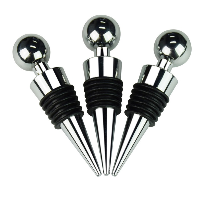 Set de 3 dopuri pentru sticle, plastic, universal, negru/argintiu