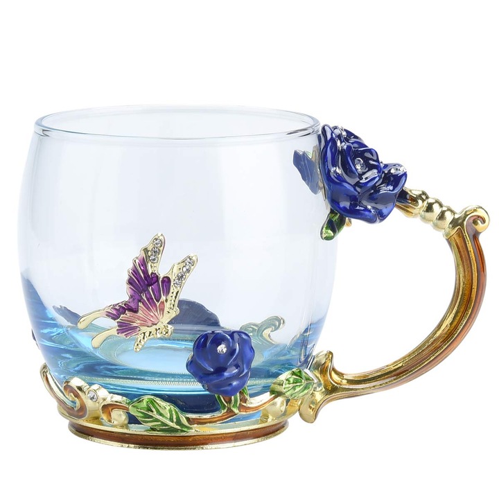 Cana din Sticla cu Decor Floral si Fluture, capacitate 330ml, include lingurita si suport pahar, multicolor