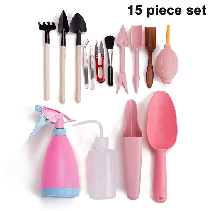 Set 15 piese unelte gradinarit pentru bonsai, roz, plastic si fier