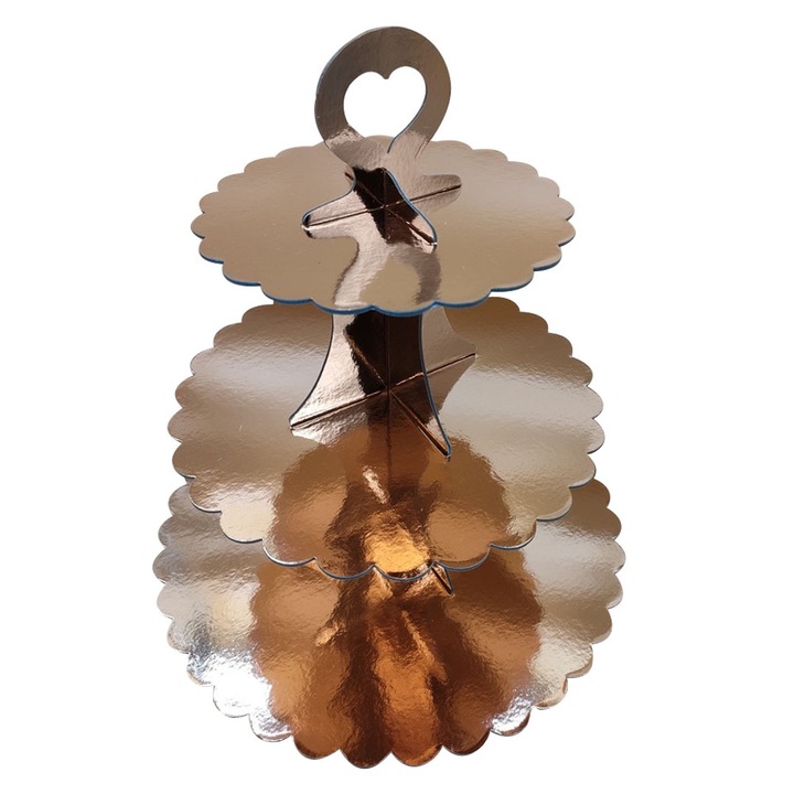 Platou prajituri, 3 etaje, carton, 32.6x16cm, auriu