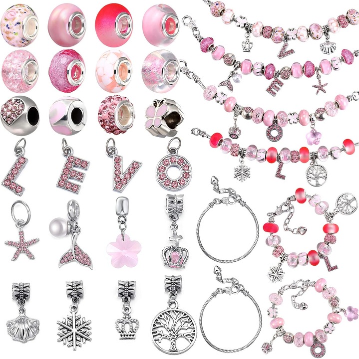 Set Bijuterii DIY, 65 Piese, Lanturi Bratara Sarpe, Margele de Sticla, Pandantive, Cristale, Multicolor, 20cm, Cutie Inclusa