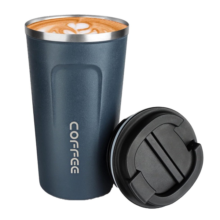 Cana termica, Darklove, Pereti dubli, Baza antialunecare, Rezistent la rugina si la scurgeri, Pastreaza bautura fierbinte sau rece timp, Pentru cafea, ceai, espresso si ciocolata, Otel inoxidabil 304, 510 ml, Albastru
