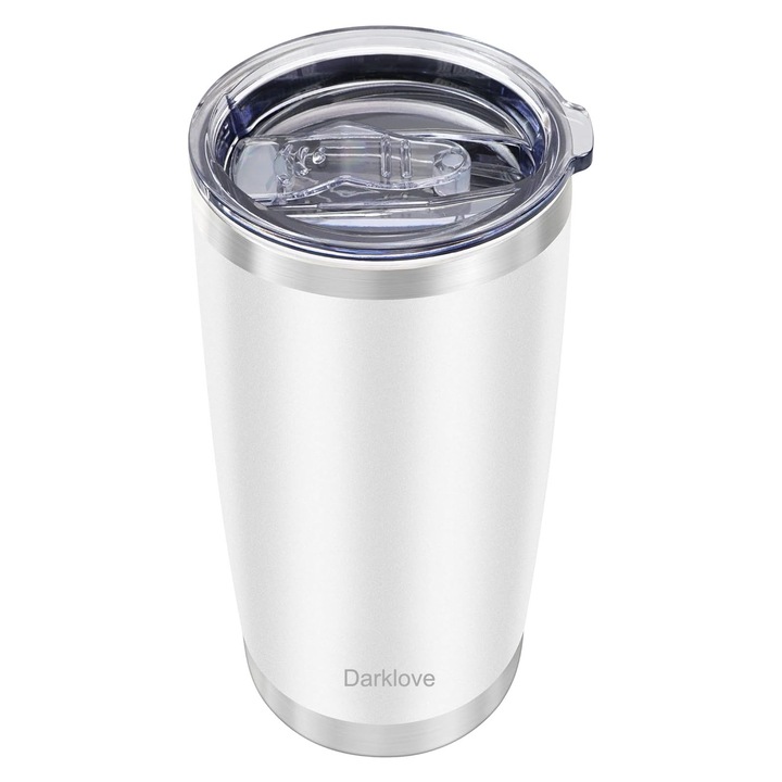 Cana termica de cafea, Darklove, Cupereti dubli cu vid, Capacitate 20 oz, Rezistent la rugina, Usor de curatat, Inchidere ermetica, Pastreaza bautura fierbinte sau rece timp, Otel inoxidabil 304, 17x8.7 cm, Alb