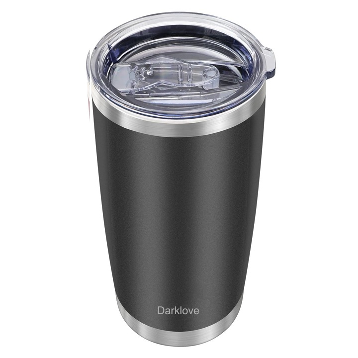 Cana termica de cafea, Darklove, Cupereti dubli cu vid, Capacitate 20 oz, Rezistent la rugina, Usor de curatat, Inchidere ermetica, Pastreaza bautura fierbinte sau rece timp, Otel inoxidabil 304, 17x8.7 cm, Negru
