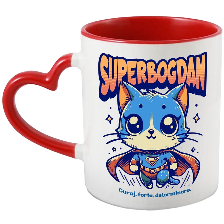 Cana Super Bogdan, SuperErou, Pisica Zburand, 330ml, Ceramica cu Maner Inima Rosie