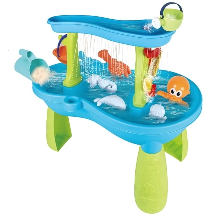 Masuta de joaca JOZY® pentru copii cu apa si nisip, ideala pentru curte, terasa sau plaja, cu 18 accesorii interactive, capacitate mare si design colorat, perfecta pentru dezvoltarea creativitatii si jocuri senzoriale in aer liber sau in interior