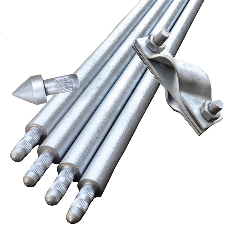 Kit Impamantare cu 4 Electrozi Tip BP, D=20 x 1500 mm Zincati la cald, 1 Varf Ghidaj si 1 Clema Conexiune, Fara Sapaturi pentru Case, Garduri Electrice, Panouri solare
