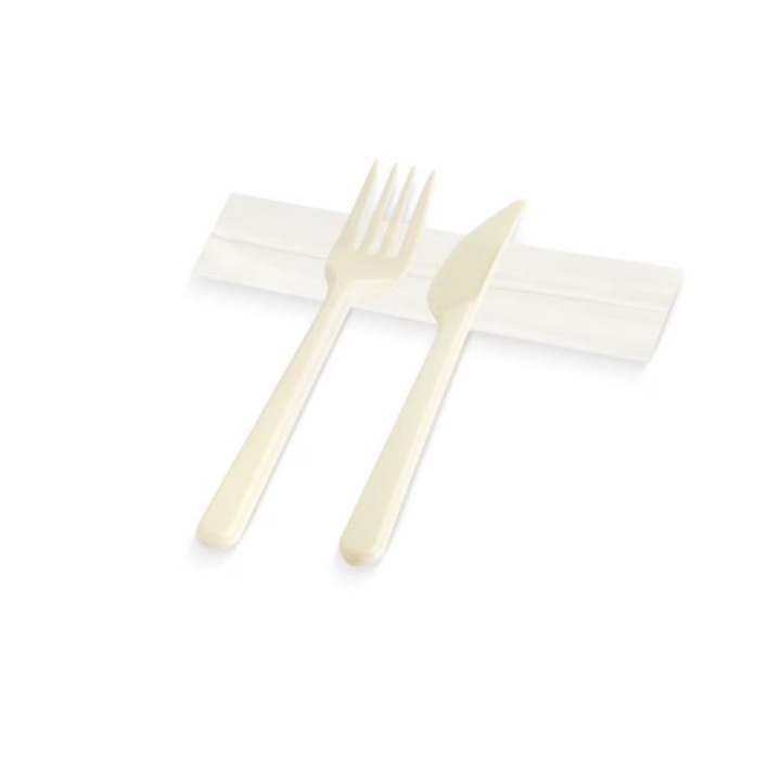Комплект от 1000 биоразградими прибори, опаковани с вилица, нож и салфетка