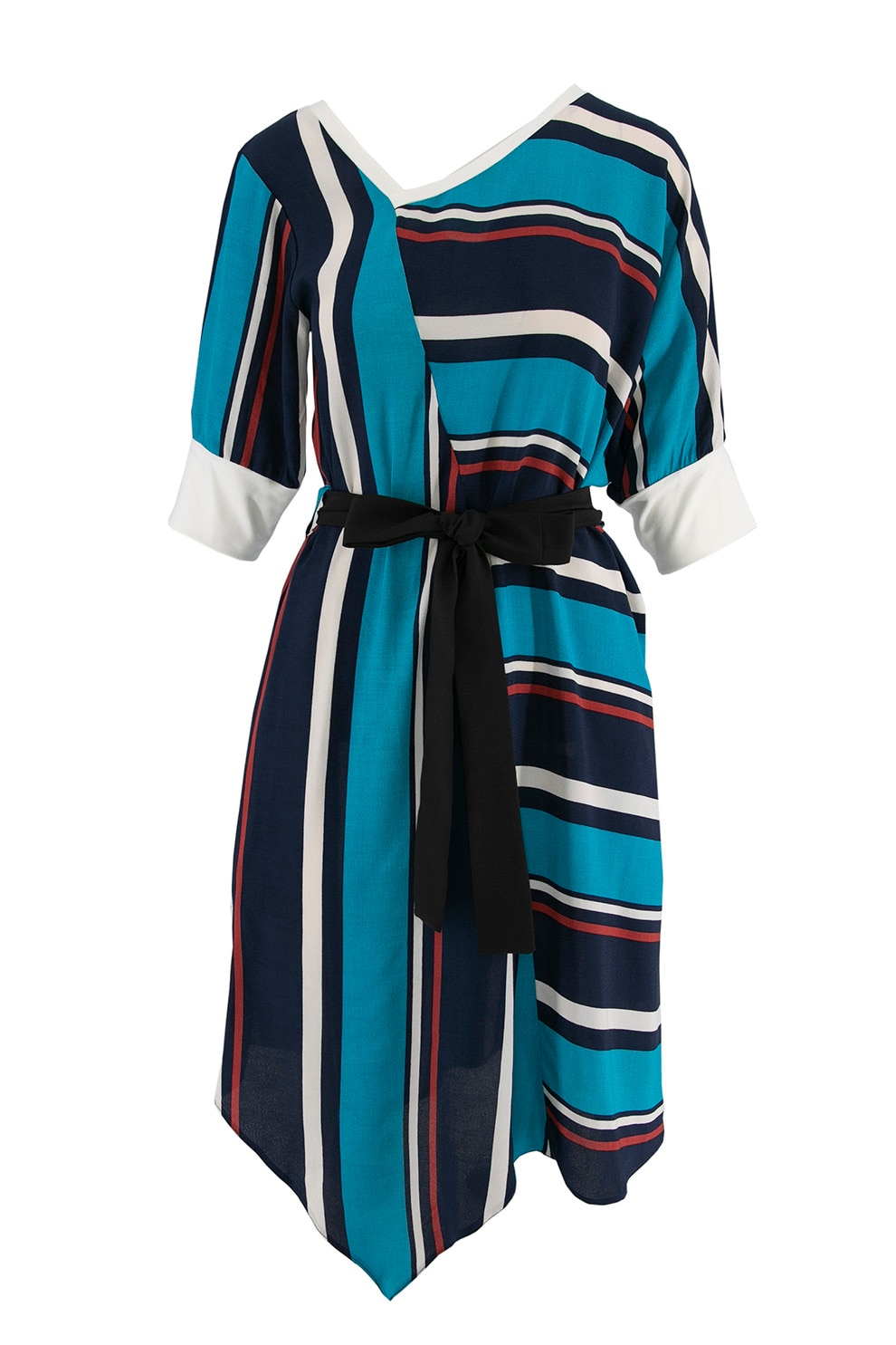 Larisa Dragna, Rochie cu model colorblock si terminatie colorblock, Alb, Negru, Albastru, XS