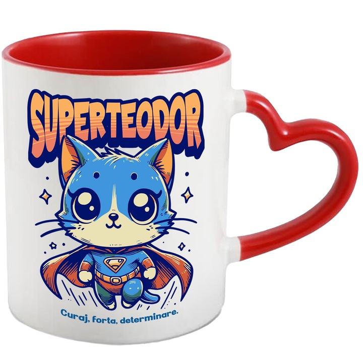 Cana Super Teodor, SuperErou, Pisica Zburand, 330ml, Ceramica cu Maner Inima Rosie