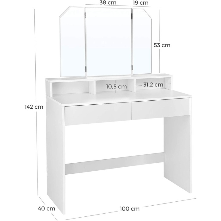 Vasagle, Öltözőasztal, tükörrel, Fehér, RDT115W01, 40 x 100 x 142 cm