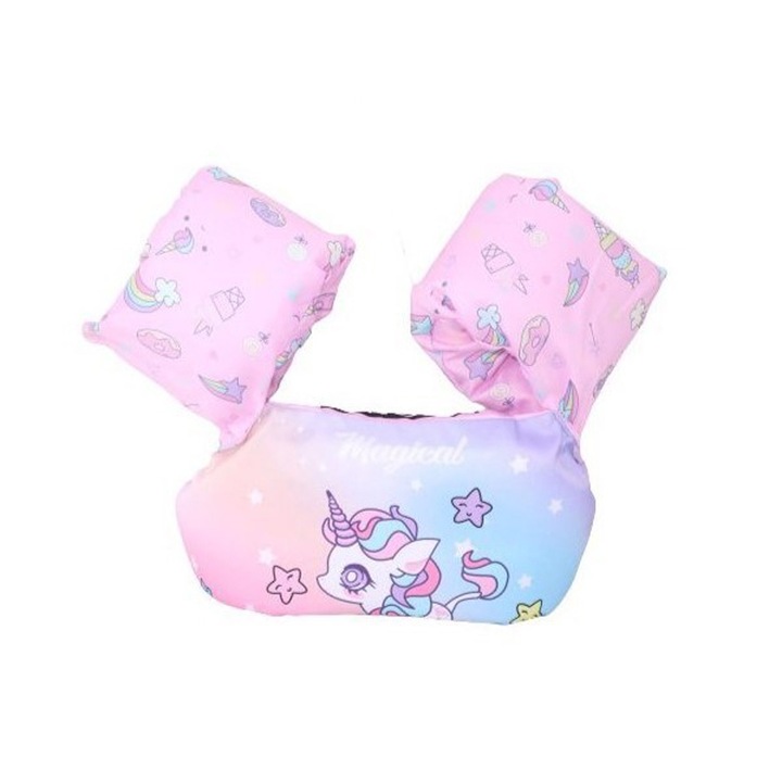 Vesta de Siguranta pentru Copii, Comando Kids, Cu Aripioare de Protectie, Pentru Inot, Anti-inec, Model Unicorn Mov, Mov Multicolor