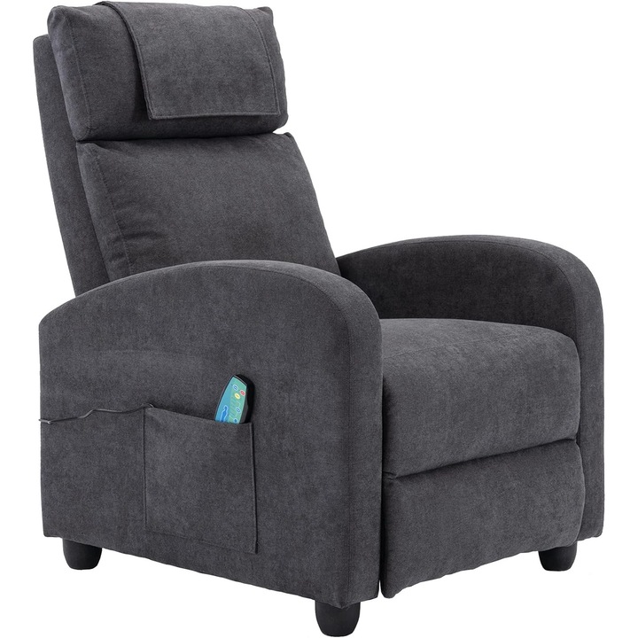 Fotoliu Recliner HOMOPIV, Functie de Masaj si Incalzire, Spatar Reglabil 150°, Telecomanda, Tapiterie Textila, Pliabil, Buzunare Laterale, Gri