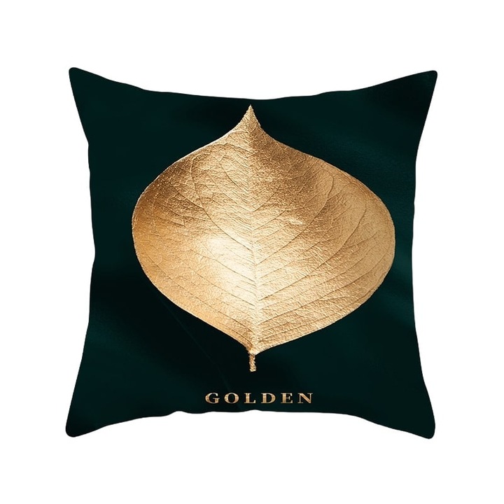 Fata de perna, design frunze aurii, poliester, negru, 40x40cm