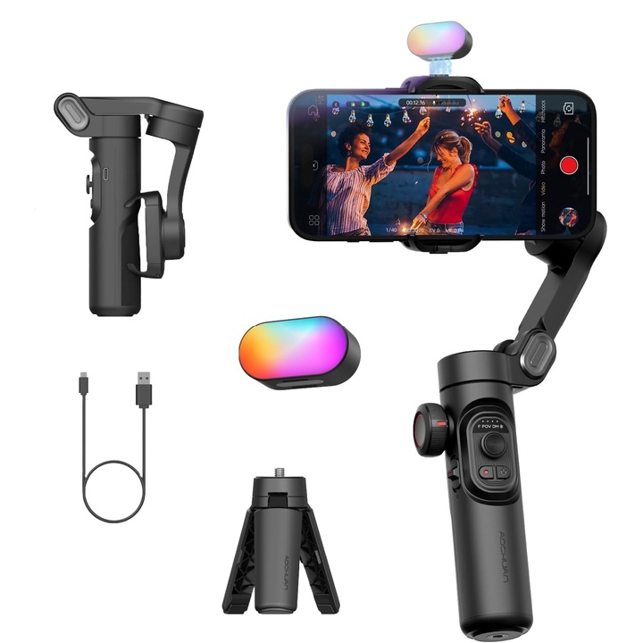 Sistem stabilizare imagine Smart XE Kit, Gimbal cu 3 axe si lumina continua RGB magnetica, functie urmarirea fetei, urmarire corp si obiecte, control prin gesturi, control focus, cu trepied inclus