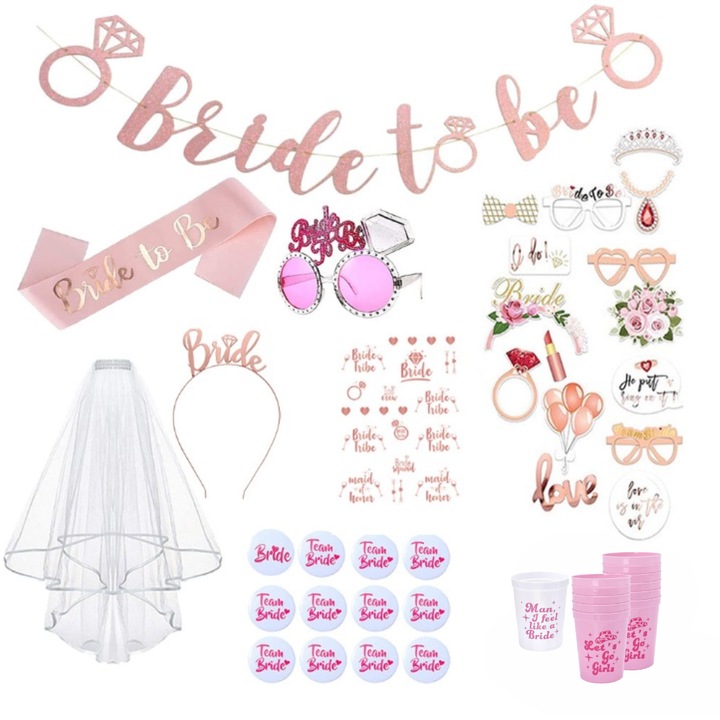 Set 11+1 Bride To Be, Petrecerea burlacitelor, 1 voal, 1 panglica, 1 coronita, 1 banner, Ochelari bride, 11+1 insigne Team Bride/Bride, 11+1 pahare, Accesorii foto, Tatuaje