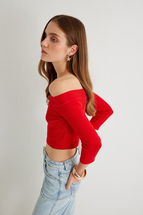 KOTON, Bluza striata cu decolteu pe umeri si maneci 3/4, Rosu vermillion, S