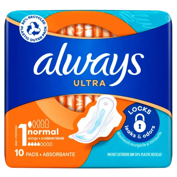 Always Ultra Normal egészségügyi betét, közepes nedvszívó képességű, megakadályozza a szivárgást és a kellemetlen szagokat, 1. méret, 10 db