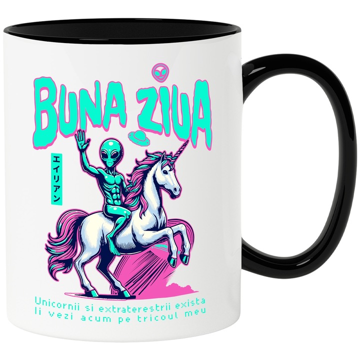 Jó reggelt bögre - Unikornisok és földönkívüliek léteznek, 330 ml, kerámia fekete fogantyúval
